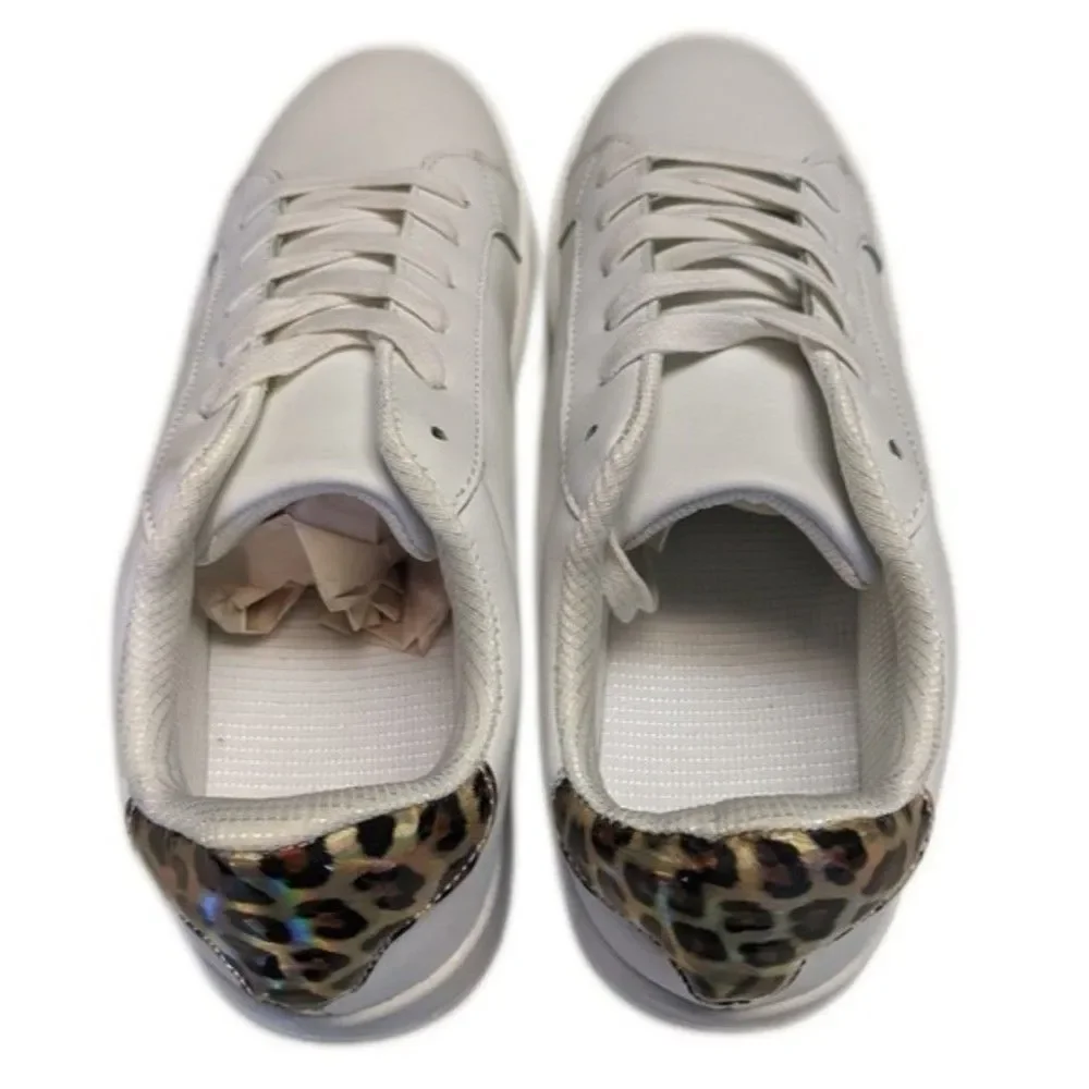 OK white faux leather sneakers, white laces, animal print heel yoke,   8.5